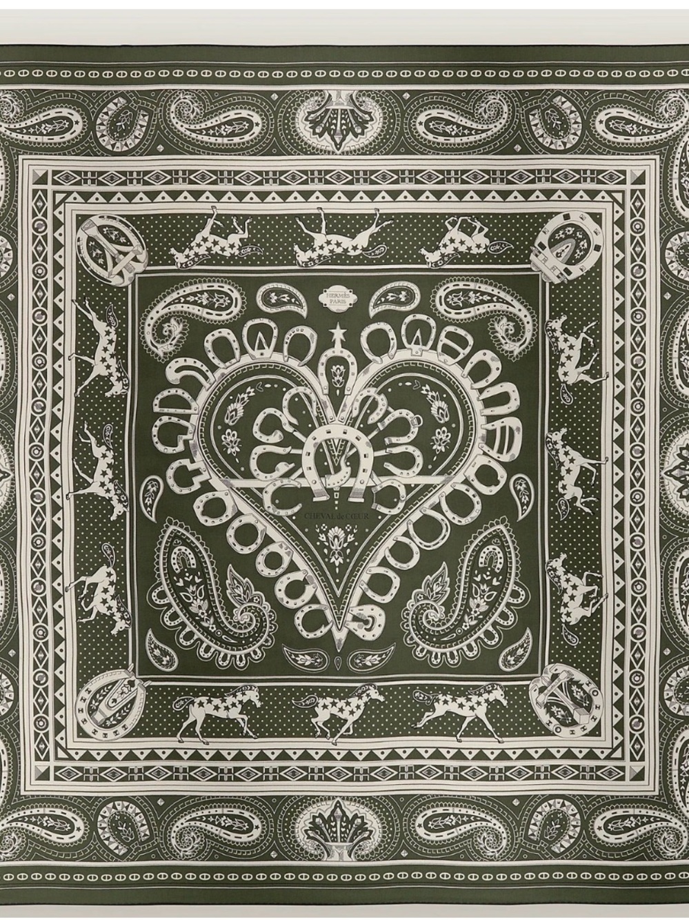 NEW HERMES Kaki / Blanc / Noir Cheval de Coeur Bandana Cashmere Shawl 140 Scarf